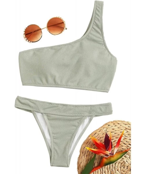 Sets Women's 2 Pieces Mesh One Shoulder Top with High Waist Bikini Set - Light Green - C9195AQEA90