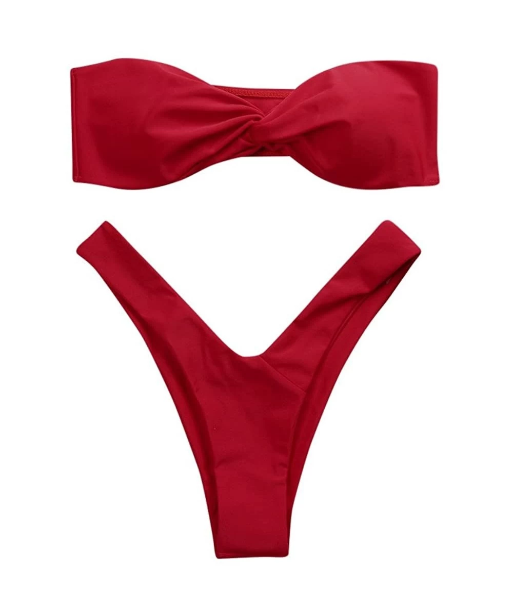 Racing Solid Bikini Women Swimwear Bandeau Twist Front Thong Swimsuit Strapless Bathing Suit - Red - CU18QH77DMD