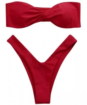 Racing Solid Bikini Women Swimwear Bandeau Twist Front Thong Swimsuit Strapless Bathing Suit - Red - CU18QH77DMD