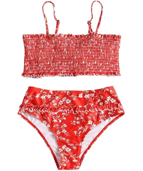 Sets Women's High Waist Swimsuit Removeable Straps Bandeau Bikini Bathing Suits - Red - CE18U76NQS0