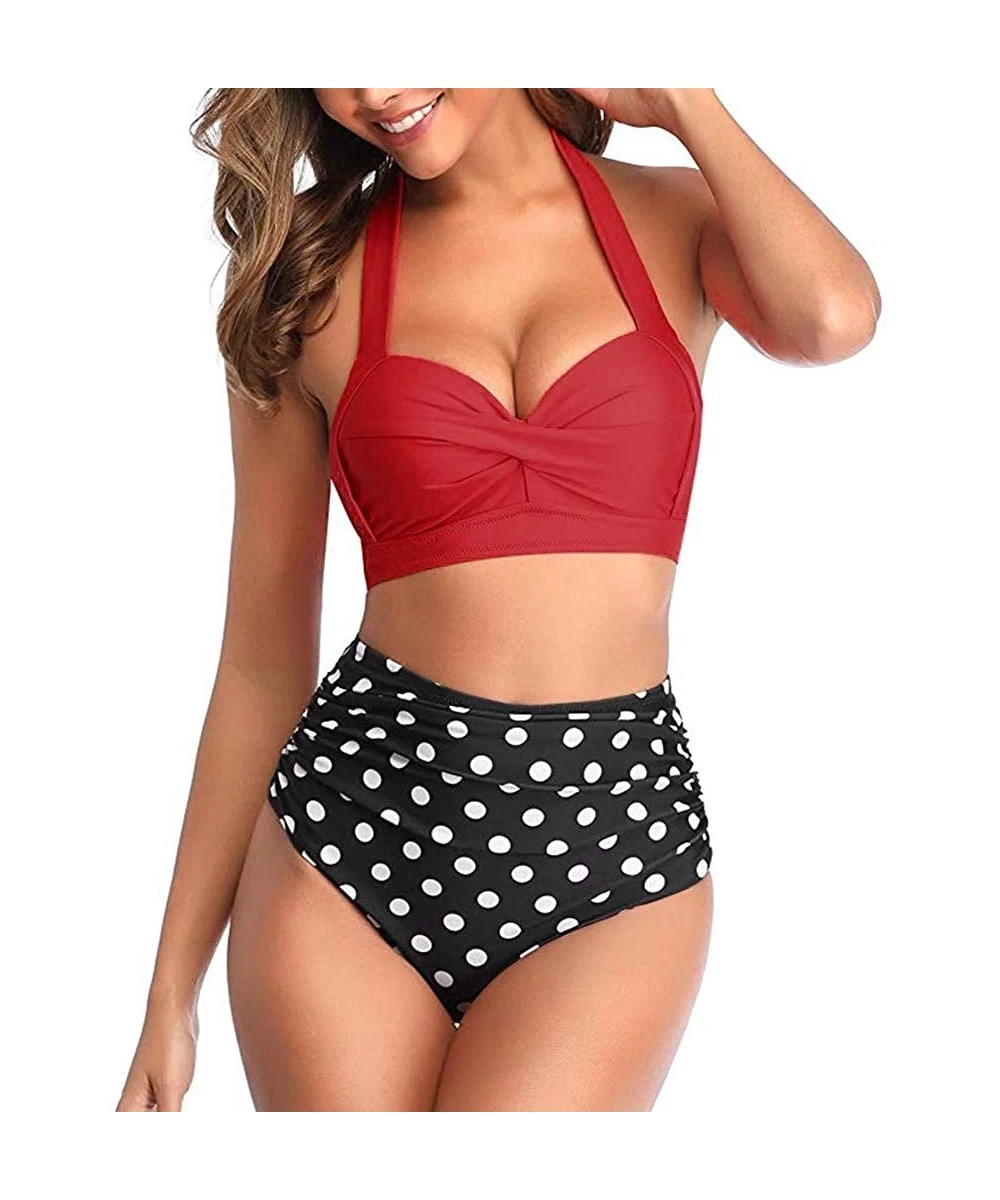 Sets Women's Vintage Swimsuit Two Piece Retro Halter Ruched High Waist Padded Print Bikini Swimwear Bathing Suits - Red + Dot...