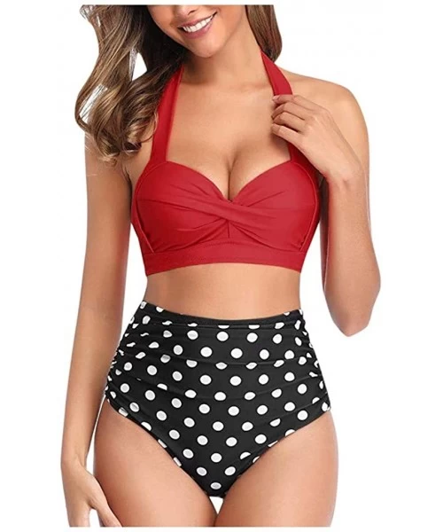 Sets Women's Vintage Swimsuit Two Piece Retro Halter Ruched High Waist Padded Print Bikini Swimwear Bathing Suits - Red + Dot...