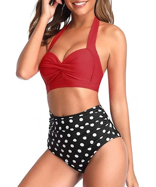 Sets Women's Vintage Swimsuit Two Piece Retro Halter Ruched High Waist Padded Print Bikini Swimwear Bathing Suits - Red + Dot...