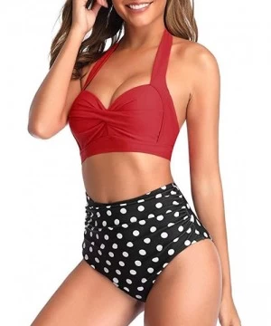 Sets Women's Vintage Swimsuit Two Piece Retro Halter Ruched High Waist Padded Print Bikini Swimwear Bathing Suits - Red + Dot...