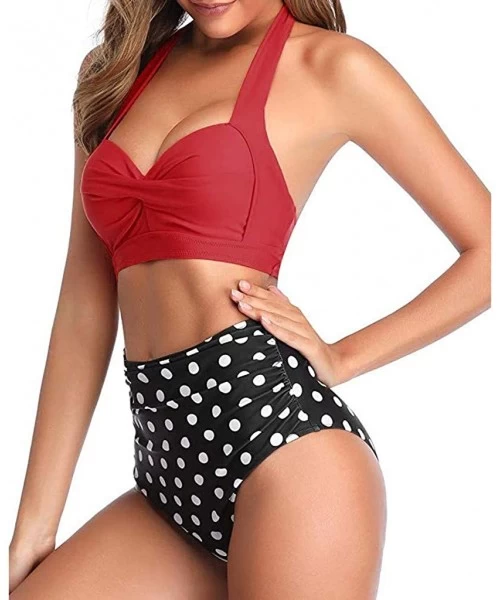 Sets Women's Vintage Swimsuit Two Piece Retro Halter Ruched High Waist Padded Print Bikini Swimwear Bathing Suits - Red + Dot...