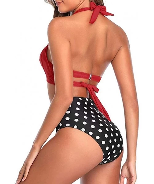 Sets Women's Vintage Swimsuit Two Piece Retro Halter Ruched High Waist Padded Print Bikini Swimwear Bathing Suits - Red + Dot...