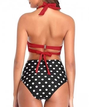 Sets Women's Vintage Swimsuit Two Piece Retro Halter Ruched High Waist Padded Print Bikini Swimwear Bathing Suits - Red + Dot...