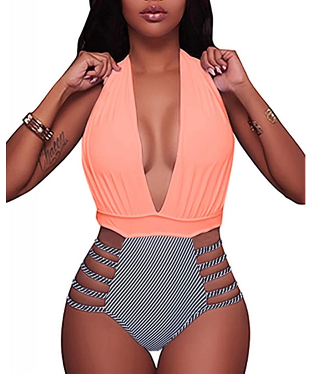 One-Pieces Women Sexy One Piece Swimsuits Halter Plunge V Neck Cutout Bathing Suits - Pink Stripe - C318WNLSKIA