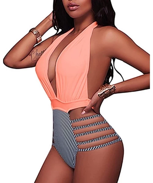 One-Pieces Women Sexy One Piece Swimsuits Halter Plunge V Neck Cutout Bathing Suits - Pink Stripe - C318WNLSKIA