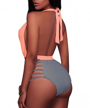 One-Pieces Women Sexy One Piece Swimsuits Halter Plunge V Neck Cutout Bathing Suits - Pink Stripe - C318WNLSKIA