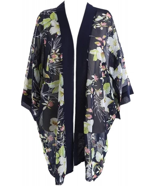 Cover-Ups Women Swimsuit Bathing Suit Beach Cover up Chiffon Floral Kimono Cardigan - D (07) - Navy Blue With Green Flower - ...