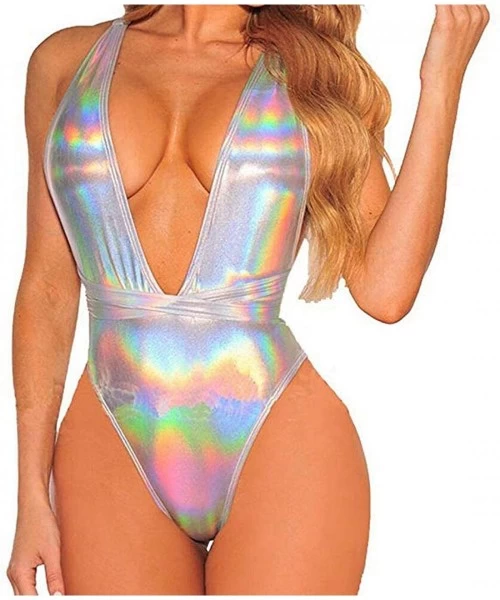 One-Pieces Women Sexy High Cut Metallic Swimsuit One Piece Disco Strappy Bodysuits - CH18RYWQ78X