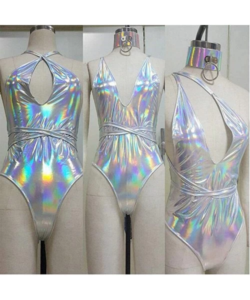 One-Pieces Women Sexy High Cut Metallic Swimsuit One Piece Disco Strappy Bodysuits - CH18RYWQ78X