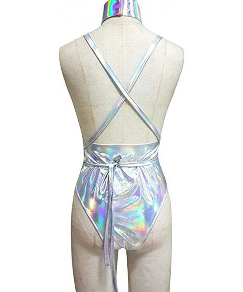 One-Pieces Women Sexy High Cut Metallic Swimsuit One Piece Disco Strappy Bodysuits - CH18RYWQ78X