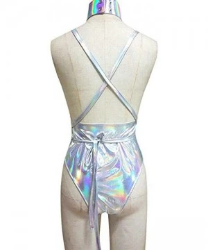 One-Pieces Women Sexy High Cut Metallic Swimsuit One Piece Disco Strappy Bodysuits - CH18RYWQ78X