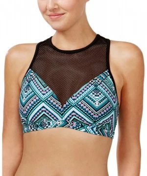 Tankinis Women's Solar Geometric Print Mesh High Neck Bikini Top - Teal / Black - CP182XSCL5Y