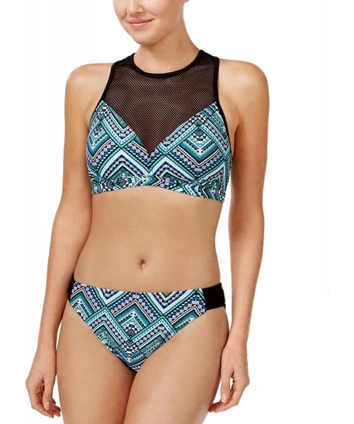 Tankinis Women's Solar Geometric Print Mesh High Neck Bikini Top - Teal / Black - CP182XSCL5Y