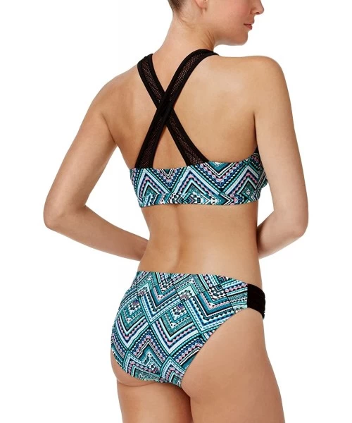 Tankinis Women's Solar Geometric Print Mesh High Neck Bikini Top - Teal / Black - CP182XSCL5Y