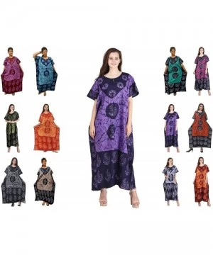 Cover-Ups Batik Cover up Dress Kaftan Long Beach Cap Sleeves Cotton Gown Maxi - Purple-black - CW18RCMY9ZG