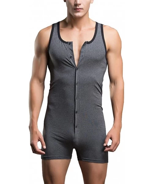 Racing Men's Button Tank Leotard Singlet Bodysuit - Gray - CH12KEWZRCV