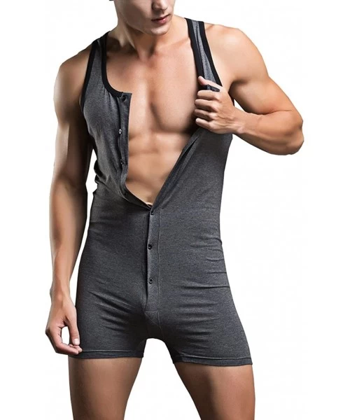 Racing Men's Button Tank Leotard Singlet Bodysuit - Gray - CH12KEWZRCV