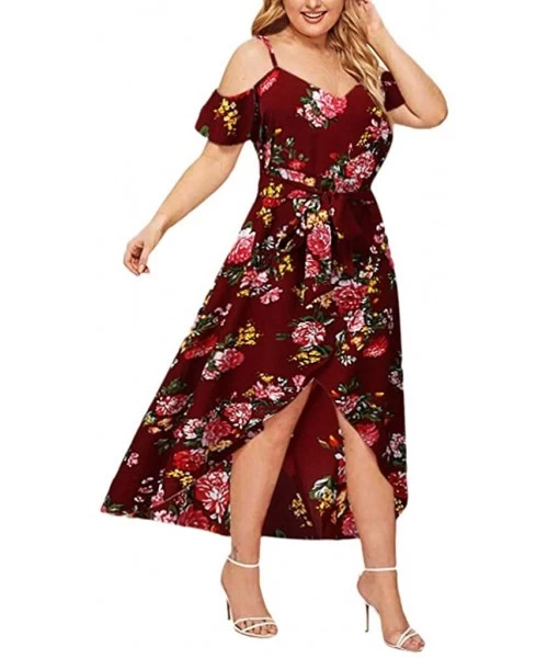 Cover-Ups Women's Sleeveless Plus Size Dresses-V-Neck Casual Bohemia Print Swing Dress Sling Backless Dress - Red - C718W798YMM