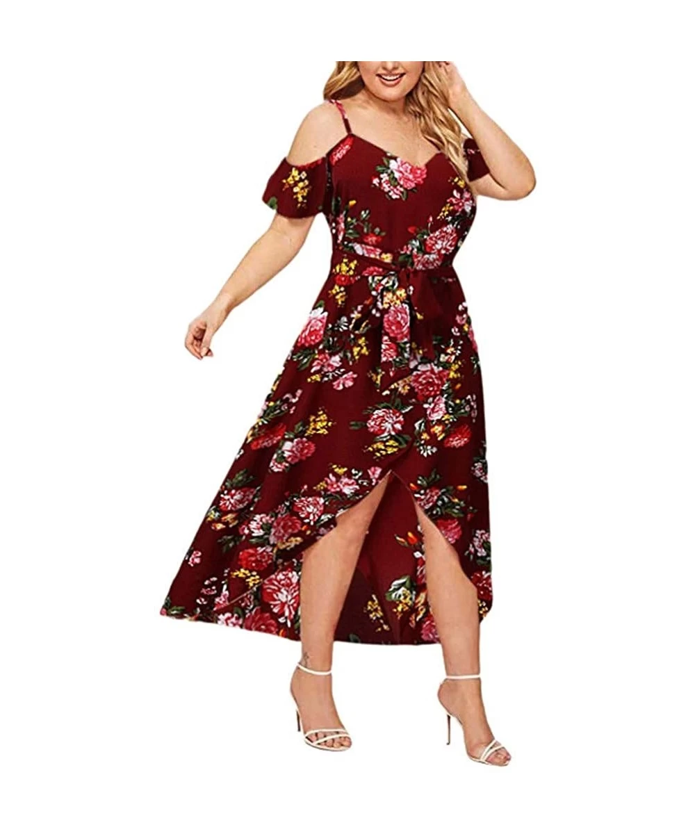 Cover-Ups Women's Sleeveless Plus Size Dresses-V-Neck Casual Bohemia Print Swing Dress Sling Backless Dress - Red - C718W798YMM