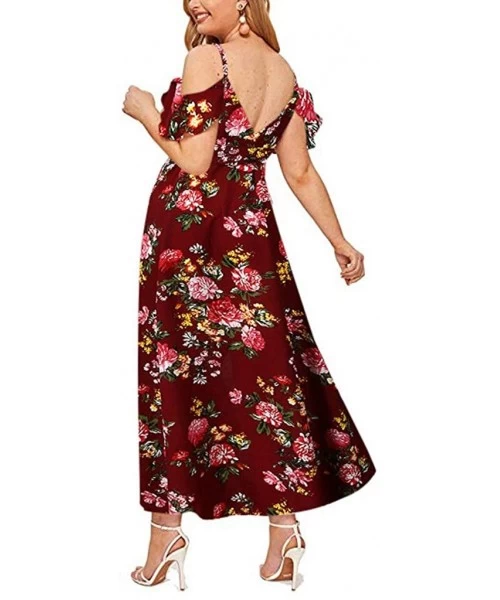 Cover-Ups Women's Sleeveless Plus Size Dresses-V-Neck Casual Bohemia Print Swing Dress Sling Backless Dress - Red - C718W798YMM