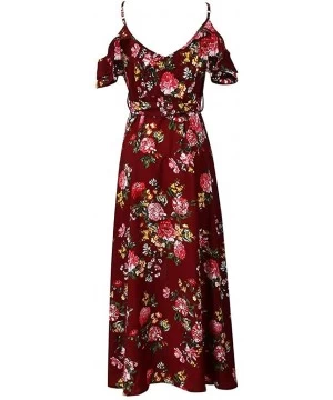 Cover-Ups Women's Sleeveless Plus Size Dresses-V-Neck Casual Bohemia Print Swing Dress Sling Backless Dress - Red - C718W798YMM