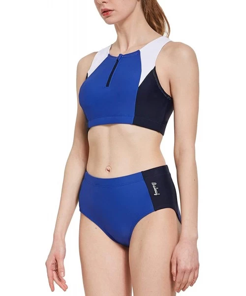 Racing Women's Workout Bikini Set Two Piece Training Swimsuit Zipper Athletic Rash Guard - Blue/Navy/White - CI18QY2X05I