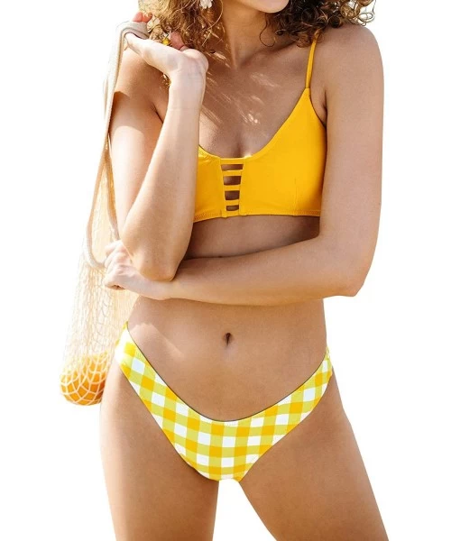 Sets Women's Strappy Bikinis Set Solid Yellow Top Gingham Bottom - Yellow/Gingham - CT1940K9GME