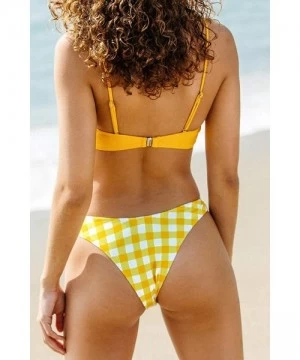 Sets Women's Strappy Bikinis Set Solid Yellow Top Gingham Bottom - Yellow/Gingham - CT1940K9GME