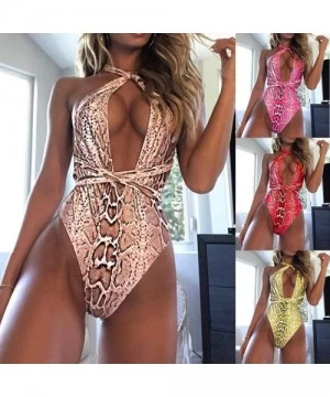 One-Pieces Snake Print Swimwear Sexy One-Piece Bandage Backless Swimsuit Set Fashion Bathing Suit Beachwear - Pink - CP18TSZ8T0K