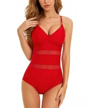 One-Pieces Women's Retro Mesh One Piece Swimsuit V Neck Backless Bathing Suit Beach Swimwear - Red - CA1983DQYIE