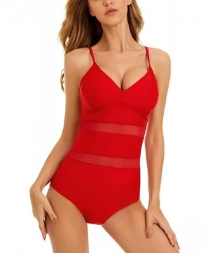 One-Pieces Women's Retro Mesh One Piece Swimsuit V Neck Backless Bathing Suit Beach Swimwear - Red - CA1983DQYIE