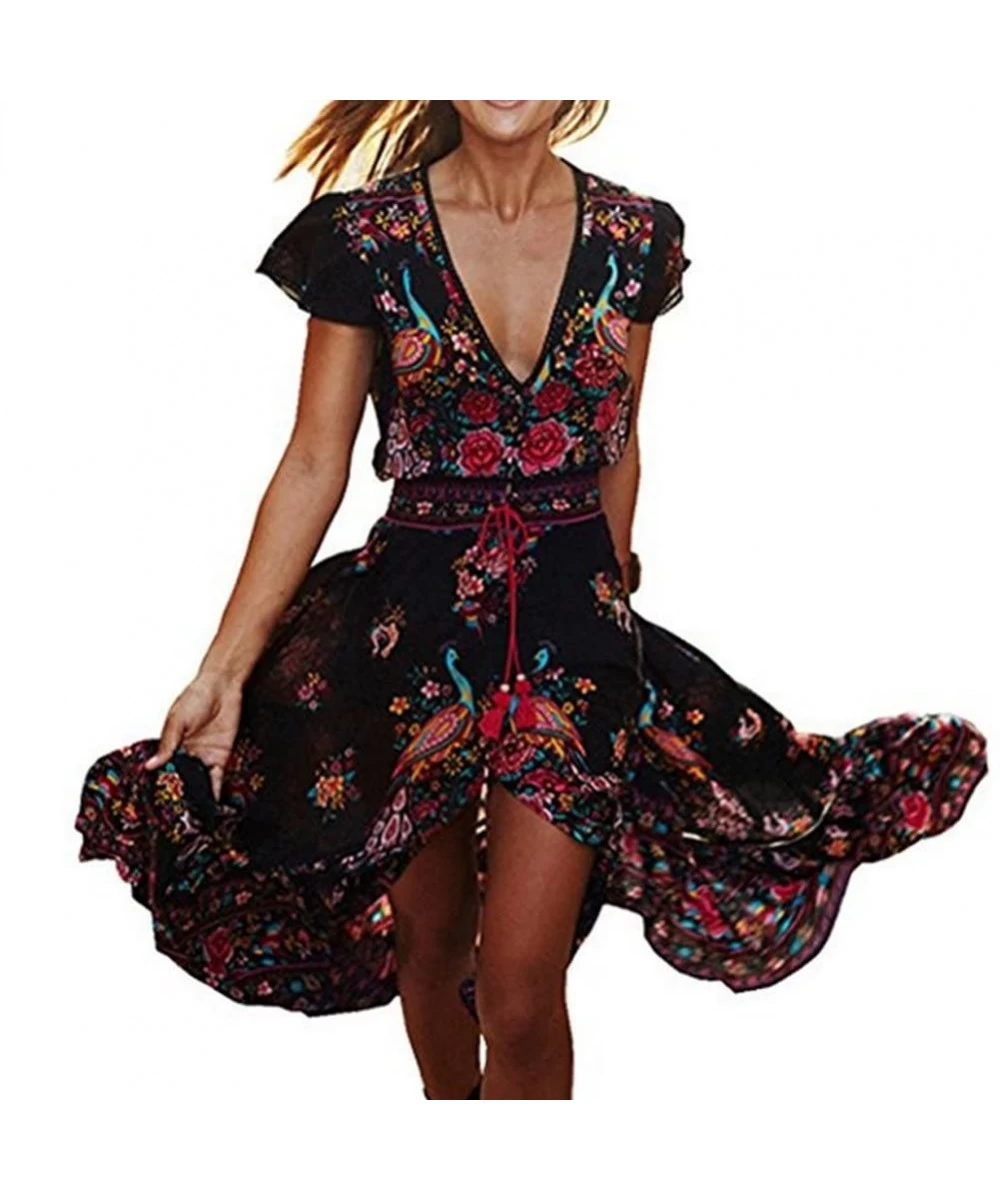 Racing Women Boho Floral Printed Deep V Neck Short Sleeve High Low Maxi Dress Loose Vintage Long Dress - Black - CA184S9LR9T