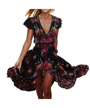 Racing Women Boho Floral Printed Deep V Neck Short Sleeve High Low Maxi Dress Loose Vintage Long Dress - Black - CA184S9LR9T