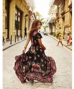 Racing Women Boho Floral Printed Deep V Neck Short Sleeve High Low Maxi Dress Loose Vintage Long Dress - Black - CA184S9LR9T