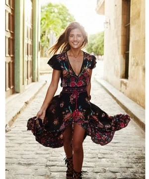 Racing Women Boho Floral Printed Deep V Neck Short Sleeve High Low Maxi Dress Loose Vintage Long Dress - Black - CA184S9LR9T