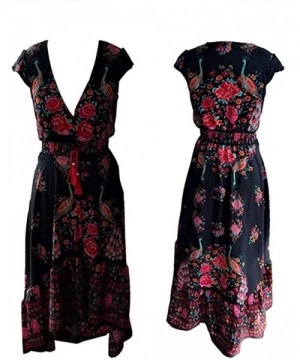 Racing Women Boho Floral Printed Deep V Neck Short Sleeve High Low Maxi Dress Loose Vintage Long Dress - Black - CA184S9LR9T