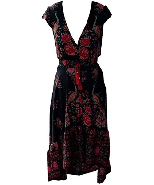 Racing Women Boho Floral Printed Deep V Neck Short Sleeve High Low Maxi Dress Loose Vintage Long Dress - Black - CA184S9LR9T