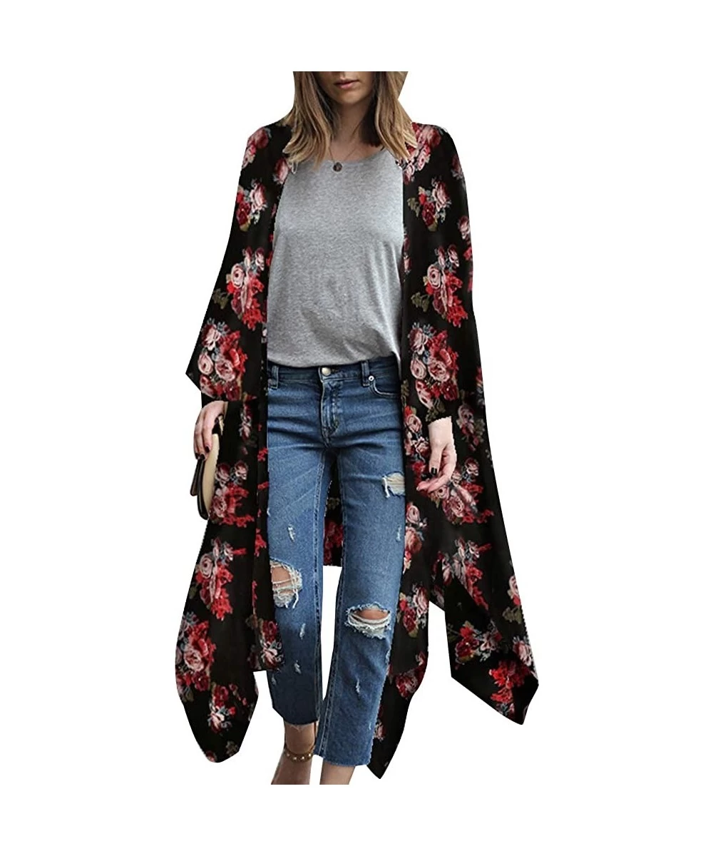 Cover-Ups Women's Sheer Chiffon Blouse Loose Tops Kimono Floral Print Cardigan - T56 - C718M93EIN0