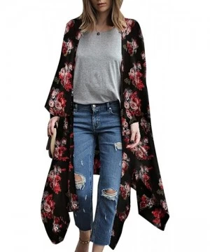 Cover-Ups Women's Sheer Chiffon Blouse Loose Tops Kimono Floral Print Cardigan - T56 - C718M93EIN0