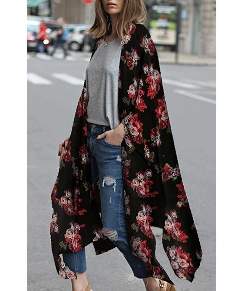 Cover-Ups Women's Sheer Chiffon Blouse Loose Tops Kimono Floral Print Cardigan - T56 - C718M93EIN0