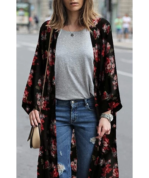 Cover-Ups Women's Sheer Chiffon Blouse Loose Tops Kimono Floral Print Cardigan - T56 - C718M93EIN0