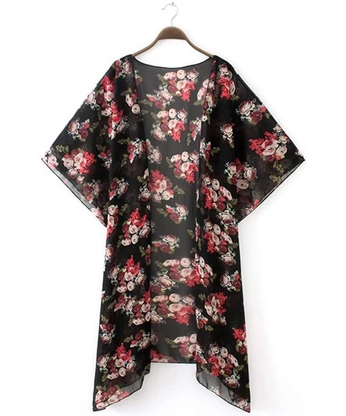 Cover-Ups Women's Sheer Chiffon Blouse Loose Tops Kimono Floral Print Cardigan - T56 - C718M93EIN0