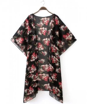 Cover-Ups Women's Sheer Chiffon Blouse Loose Tops Kimono Floral Print Cardigan - T56 - C718M93EIN0