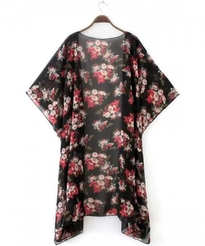 Cover-Ups Women's Sheer Chiffon Blouse Loose Tops Kimono Floral Print Cardigan - T56 - C718M93EIN0