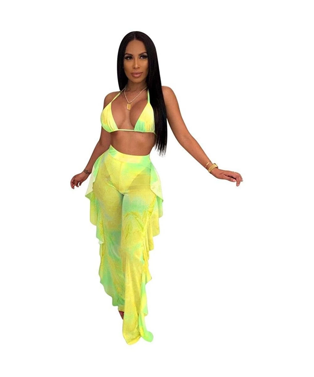 Cover-Ups Women's Sexy Beach Swimsuit Mesh Cover Up See Through Two Piece Outfits Clubwear with Briefs - Yellow - CF18TMZK7QK