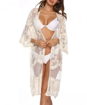 Cover-Ups Women's Lace Cardigan Floral Crochet Sheer Beach Cover Ups Long Open Kimono - Apricot - CM18N707G02